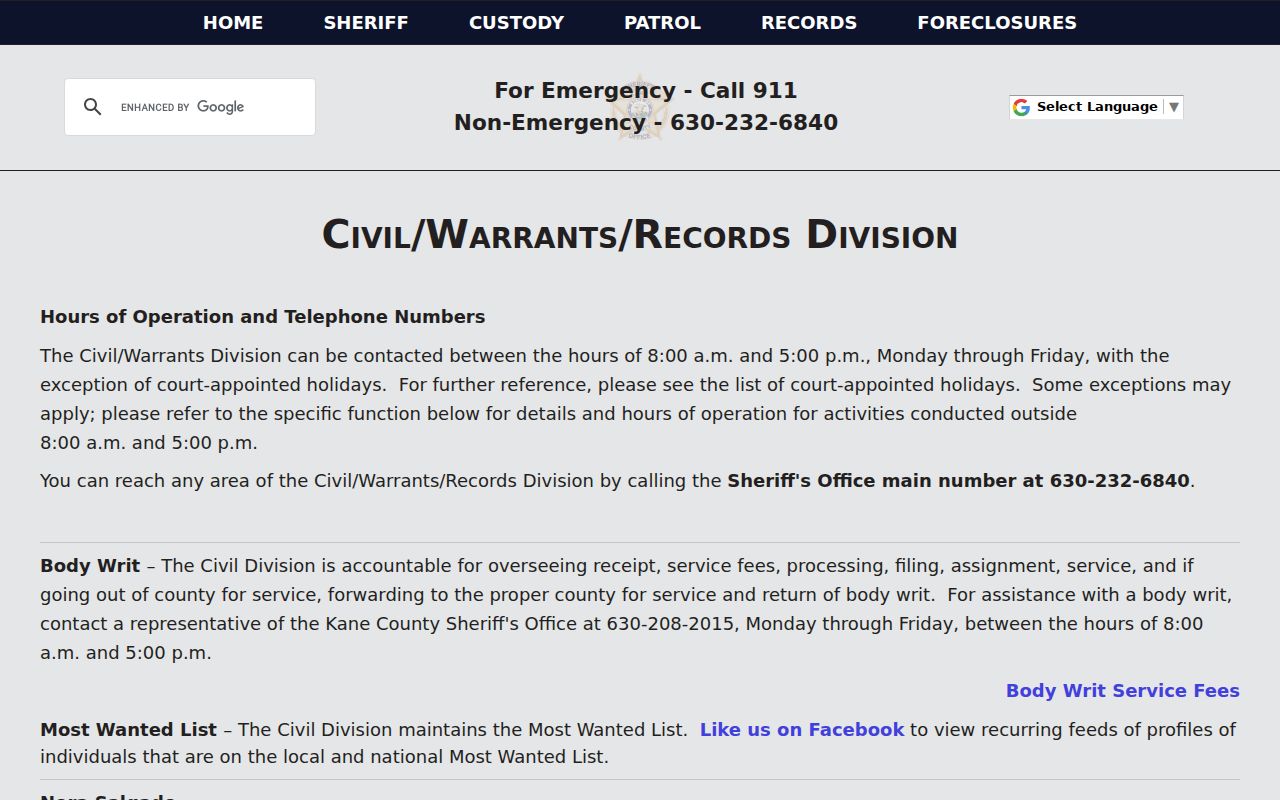 Kane County criminal history warrant and fingerprint services