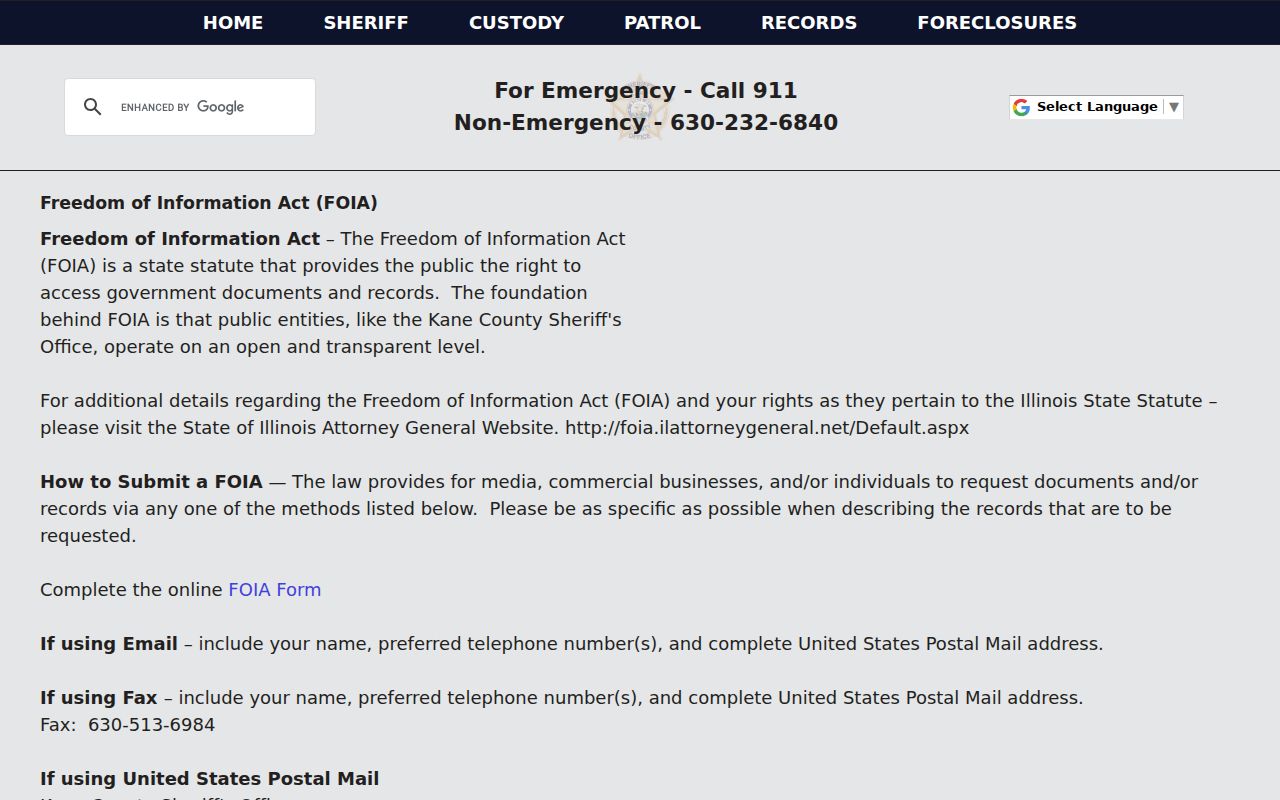 Kane County Sheriff FOIA request instructions