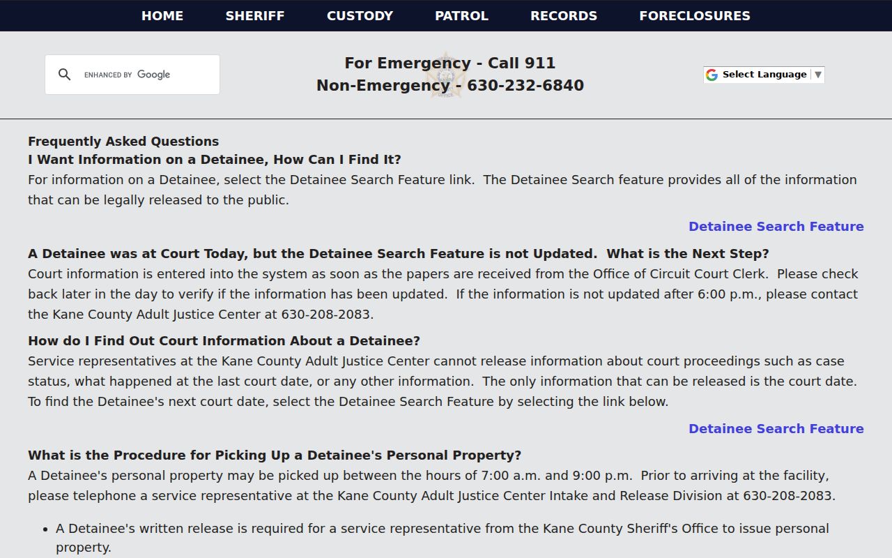 Kane County Adult Justice Center public information FAQ