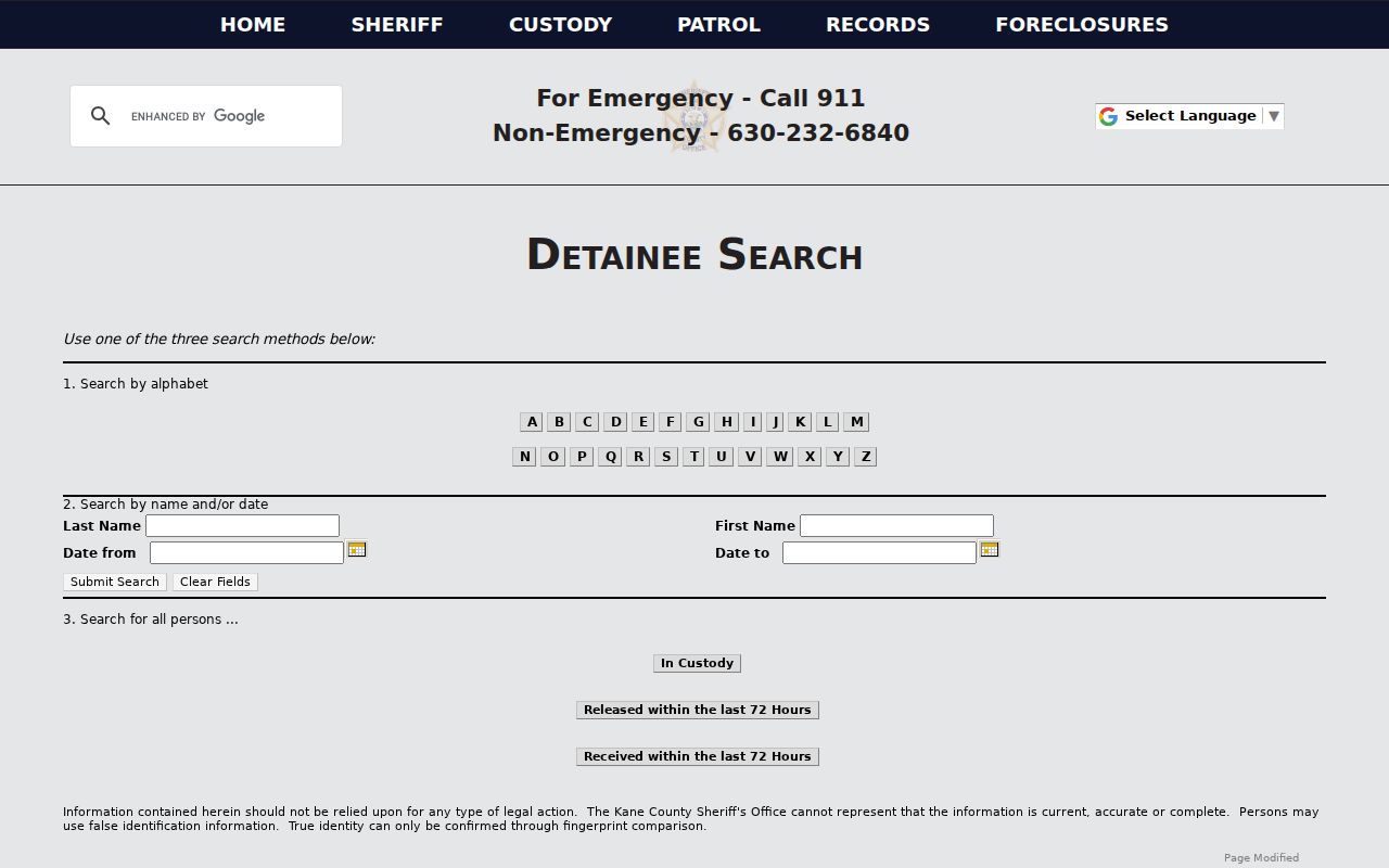 Kane County Sheriff detainee search options