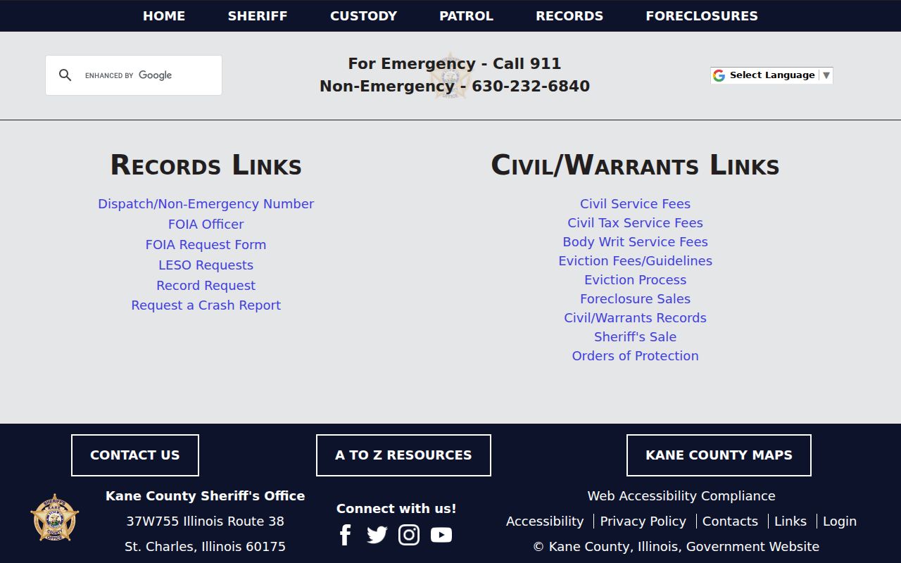 Kane County Sheriff records request menu