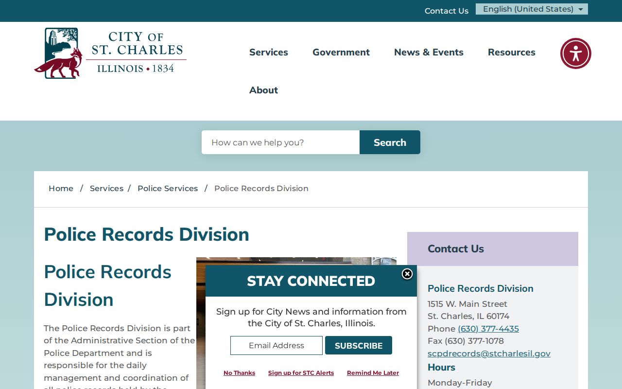 St. Charles Police Records Division services and contact page